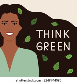 Think green ecology card. Black African woman with green leaves in her hair. Save the planet and environment improvement concept. Hand-drawn eco-friendly vector illustration.
