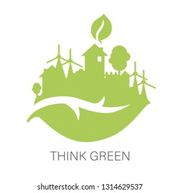 Think green and Ecology concept with green city on leaf, green energy concept, vector illustration