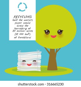 Think Green. Ecology Concept. Wood and used paper, recycled paper, Save the Trees. Vector illustration