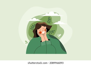 Think Green Ecology Concept With Young Happy Eco Friendly Woman. Earth Day And Nature Love Female Character. Environment Conservation. Creative Fantasy Thinking Flat Cartoon Vector Illustration