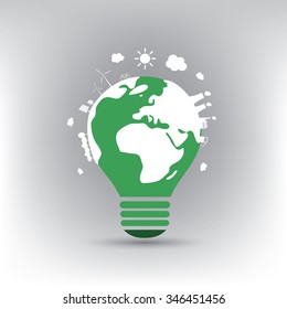 Think Green. Green Electricity. Eco Friendly Ideas In The Light Bulb Symbol - Background Concept Design