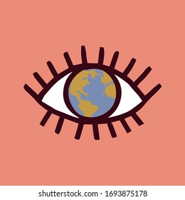 Think green.the eye with Earth inside. Eco life concept about environment and ecology.vector flat scandinavian style illustration. 