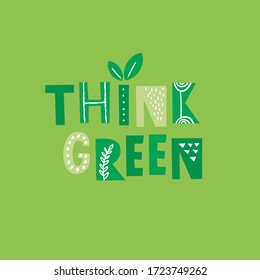 Think green lettering for concept design. Vector logo. Eco friendly concept Green living Concept design. Vegan icon vector. Vector graphic design. Go green lettering, think green - protect environment