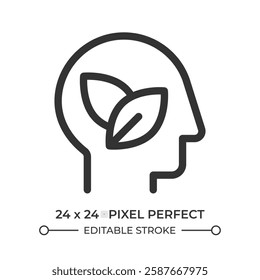 Think green line ui icon. Human head with leaves within. Environmentally friendly philosophy. Mindfulness. Isolated vector outline symbol. Webdesign user interface element linear, pixel perfect