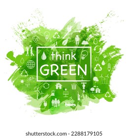 Think green logo with icons and green watercolor paint background, Vector illustration