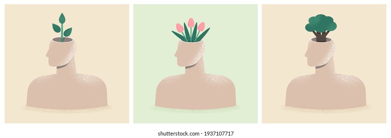 Think green, mental health, spring concept set. Collection of illustration with human heads about ecology or psychology. Idea of nature and environment protection. Isolated vector posters