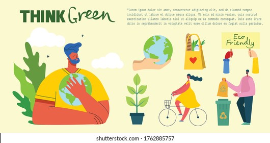 Think green and save the planet. People taking care of planet collage. Zero waste, think green, save the planet, our home hand written text in the flat design