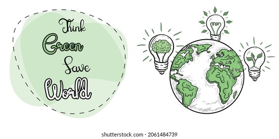 Think Green and Save the World. Clean Energy Concept Illustration. Hand Drawn Alternative energy Concept Banner. 