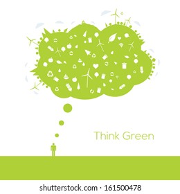 Think Green speech bubble with ecology icons. Vector illustration