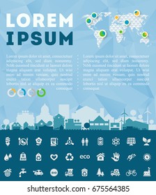 Think Green Vector illustration with small town and infographics