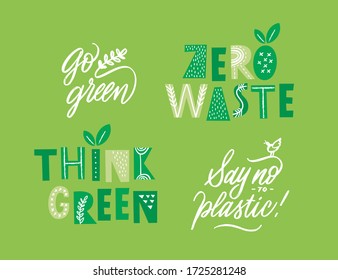 Think green zero waste logo on green background. Flat graphic design. Summer background. Recycle plastic. Icon for concept design. Zero waste, nature protection, eco friendly, sustainability concept.