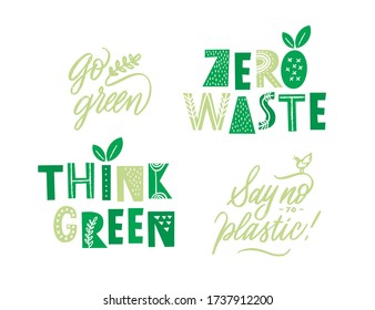 Piensen en el logo de basura verde cero sobre fondo blanco. Diseño gráfico plano. Fondo de verano. Reciclar plástico. Icono para el diseño de concepto. Despilfarro cero, protección de la naturaleza, eco-friendly, concepto de sostenibilidad.