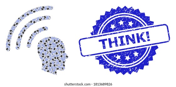 Think! grunge stamp seal and vector recursive collage telepathy waves. Blue stamp seal has Think! text inside rosette. Vector collage is created of scattered rotated telepathy waves pictograms.