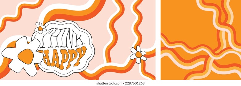 Think happy quote. 70s retro style orange rainbow vector background set with playful wavy lines design. Hippie distorted flower clipart, scalloped frame and curvy waves for poster, banner decoration.