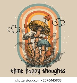 Think happy thoghts, live positive!Flower artwork for t shirt print, poster, sticker, background and other uses. Toadstool digital painting. Let's grow together.