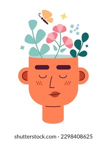 Think happy thoughts flat concept vector spot illustration. Self affirmations head 2D cartoon character on white for web UI design. Positive attitude wellbeing isolated editable creative hero image