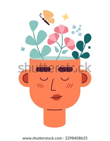 Think happy thoughts flat concept vector spot illustration. Self affirmations head 2D cartoon character on white for web UI design. Positive attitude wellbeing isolated editable creative hero image