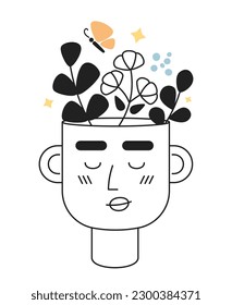 Think happy thoughts monochrome concept vector spot illustration. Self affirmations head 2D flat bw cartoon character for web UI design. Positive attitude isolated editable hand drawn hero image