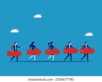 Think or have the same approach. Businessman holding an arrow pointing in the same direction