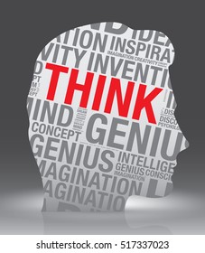 Think head of man with word cloud, vector concept