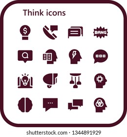 think icon set. 16 filled think icons.  Collection Of - Idea, Chat, Comic, Comment, Intellectual, Mind, Lamp, Brain