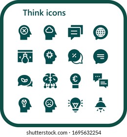 conjunto de iconos de reflexión. 16 iconos llenos de pensamiento.  Iconos modernos sencillos, como: Mente, Conversación, Chat, Idea, Cerebro, Lámpara