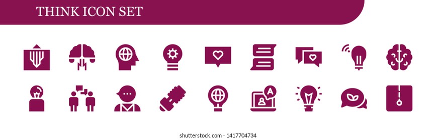 think icon set. 18 filled think icons.  Simple modern icons about  - Mind, Brainstorming, Lightbulb, Chat, Idea, Brain, Conversation, Psychologist, Lamp