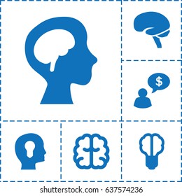 Think icon. set of 6 think filled icons such as brain, human brain, head with keyhole, man thinking about money