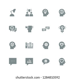 think icon set. Collection of 16 filled think icons included Mind, Chat, Bubble speech, Comment, Thought camera, Idea, Design skills, Lamp