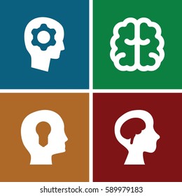 think icons set. Set of 4 think filled icons such as brain, human brain, gear in head