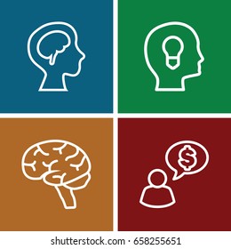 Think icons set. set of 4 think outline icons such as brain, human brain, man thinking about money