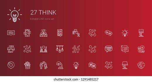 think icons set. Collection of think with bubble, chat, idea, lamp, conversation, trick, speech bubble, bubbles, discussion, brain, ideas. Editable and scalable think icons.