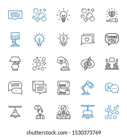 think icons set. Collection of think with bubbles, lamp, idea, thinking, chat, discussion, brainstorming, speech bubble, bubble. Editable and scalable think icons.