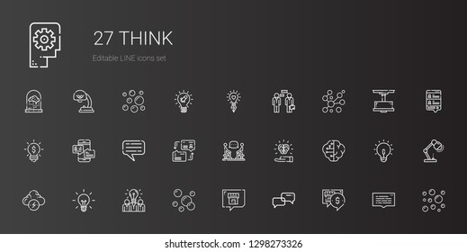 think icons set. Collection of think with chat, conversation, bubbles, idea, brainstorm, brain, discussion, dialogue, speech bubble, lamp, thinking. Editable and scalable think icons.