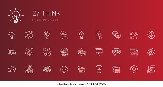 think icons set. Collection of think with chat, lamp, brainstorm, brain, idea, speech bubble, bubble, bubbles, thinking, dialogue, brainstorming. Editable and scalable think icons.