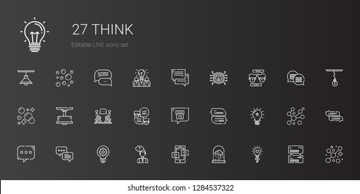 think icons set. Collection of think with idea, brain, chat, thinking, discussion, lamp, bubbles. Editable and scalable think icons.