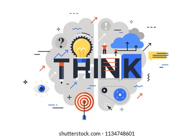 Think line flat design banner for think web page, learning, knowledge, innovation, creativity, solutions. Template for website and mobile application, easy to use and highly customizable.