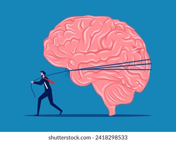 Think a lot, brain works hard. Businessman dragging a big brain