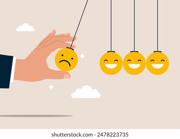 Think negative. Balance between happiness and sadness, Hand holding sadness face pendulum ball to hit other smile faces. Modern vector illustration in flat style