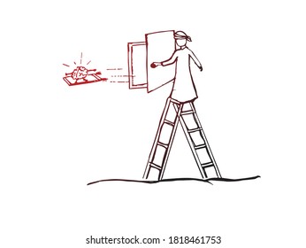 Think out of the box concept. Hand drawn sketch on an isolated white background. ingenuity, creativity, imagination, ingeniousness, mind power