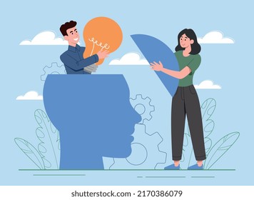 Think out of box concept. Open your brain or mind to find new creative ideas and solutions. Young male peeking out of head silhouette and holding light bulb. Cartoon flat vector illustration