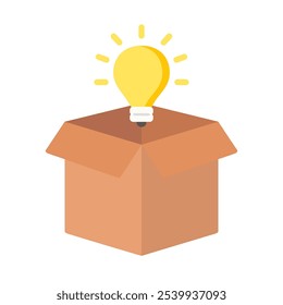 Piensa fuera del icono de la caja. Caja abierta con bombilla brillante. Negocios, conocimiento, creatividad, estrategia, conceptos de ideas. Ilustración aislada de diseño de Vector plano.