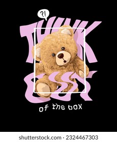 think out of the box slogan with bear doll in square frame vector illustration on black background