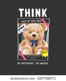 think out of the box slogan with cute bear doll in packaging box vector illustration