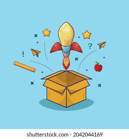 Think Out of The Box Vector Illustration. Box with Light bulb, ruler, star symbol and apple.