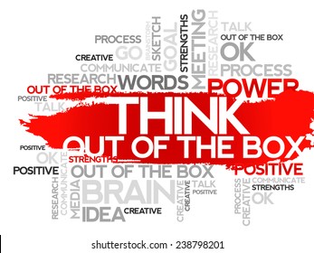 THINK OUT OF THE BOX. Word business collage, vector background