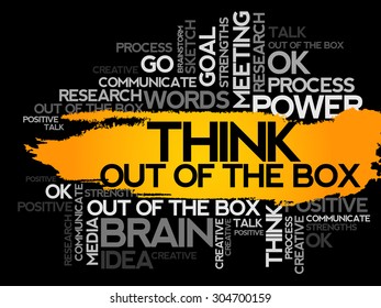 THINK OUT OF THE BOX. Word business collage, vector background