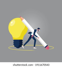 Think out side the box concept, think different, Businessman found a good idea and
rubbing circle line to outside, creative idea for solution