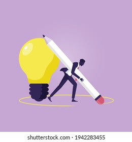 Think out side the box concept, think different, Businessman found a good idea and
rubbing circle line to outside, creative idea for solution