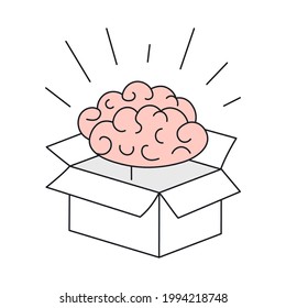 Think outside the box  The brain is levitating under the open carton box  Creativity  solution  inspiration  innovation  Thin line vector illustration white 